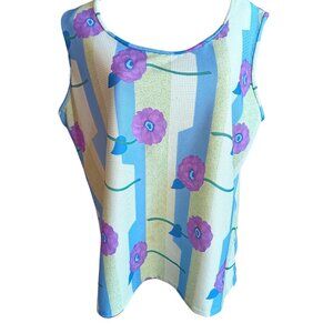 XL Vintage Sleeveless Floral Print Blouse Pastel Green Blue Purple Flowers 1OF1